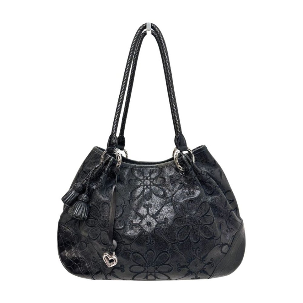 Brighton Embroidered Floral on Leather Braided Straps Tote Black